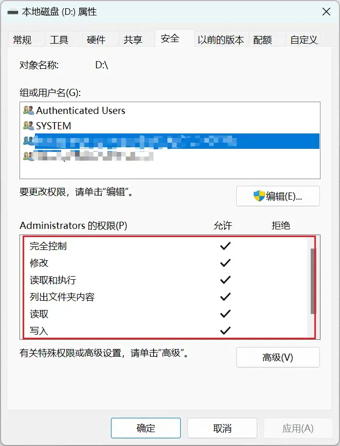 User permissions in the Security tab of Windows folder properties